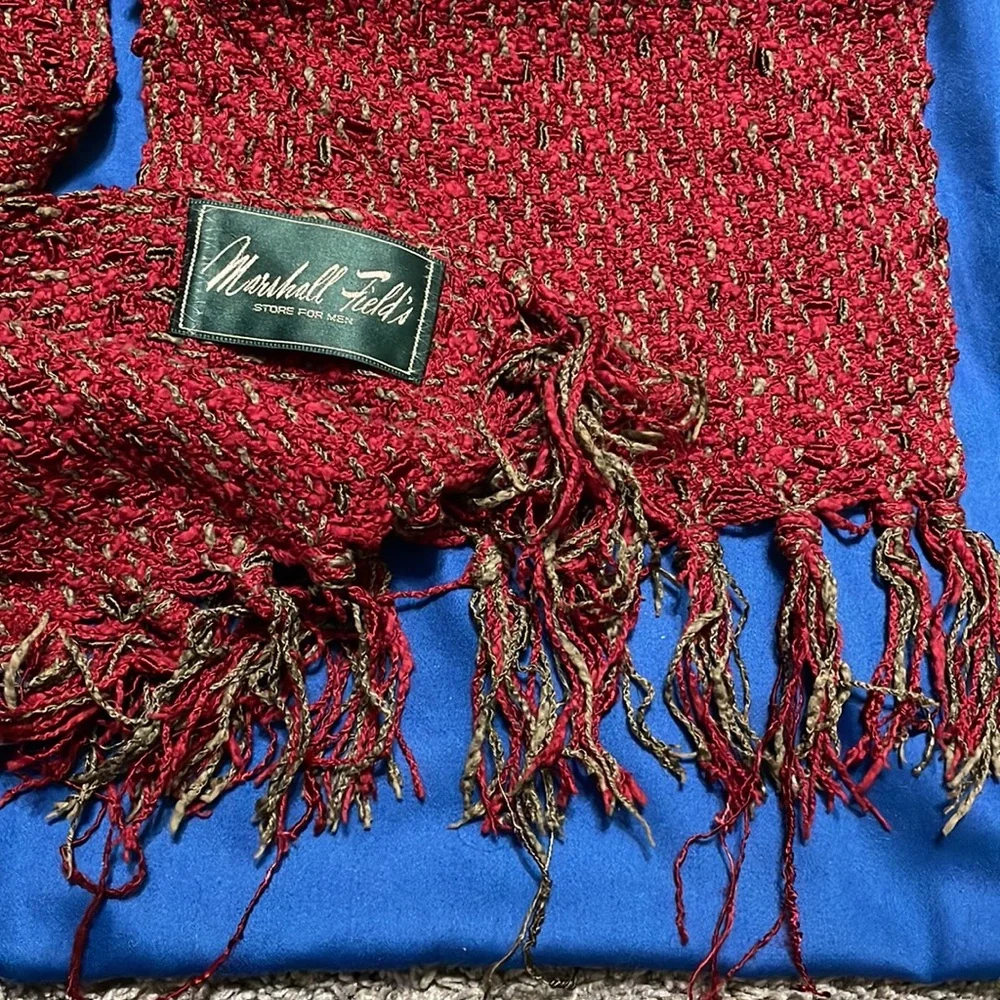 Marshall Field’s Vintage Men Burgundy Green Scarf woven tassels Vintage warm‎